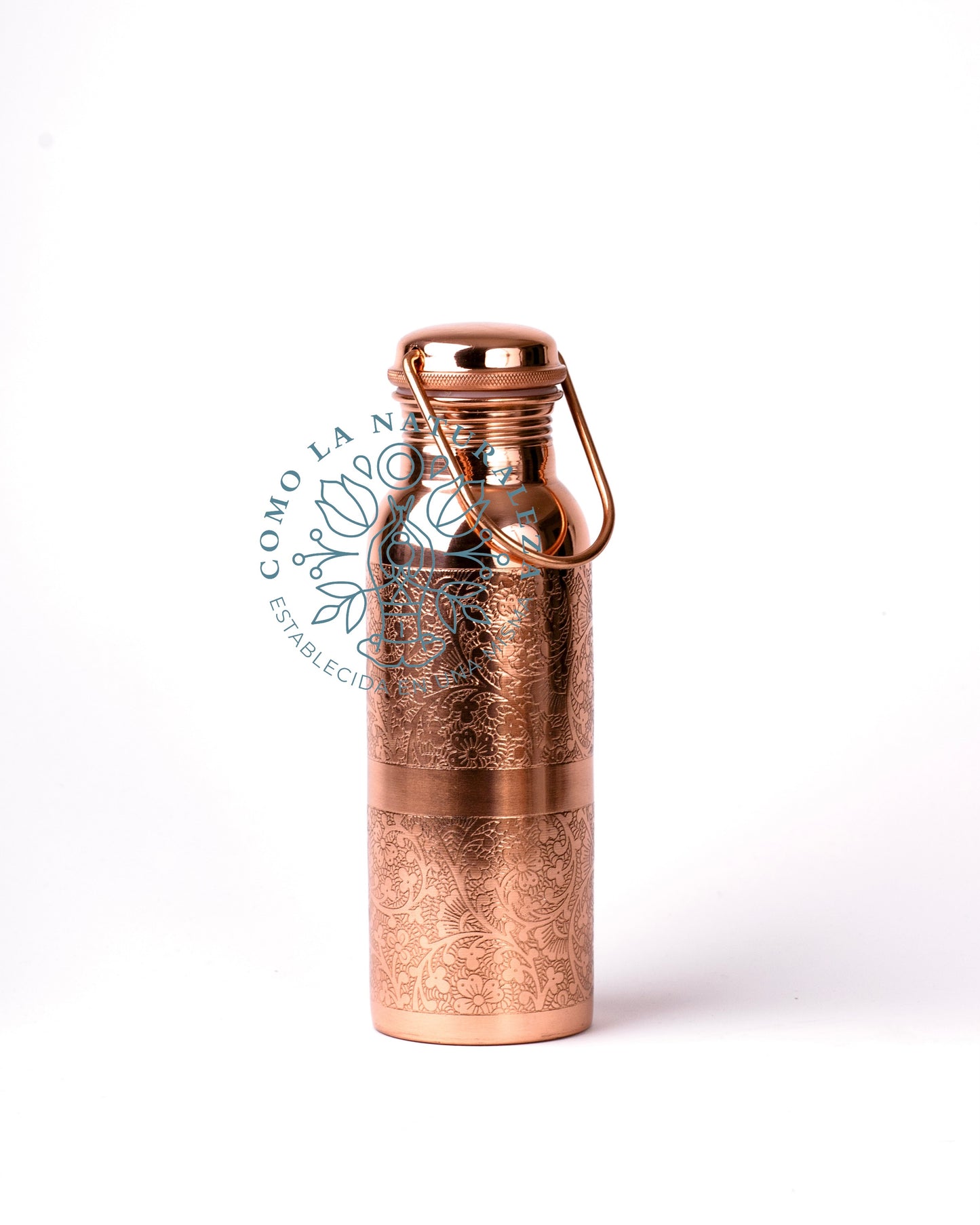 Botella de 600 ml. CON ASA Modelo “Grabada” acabado brillante 100% COBRE