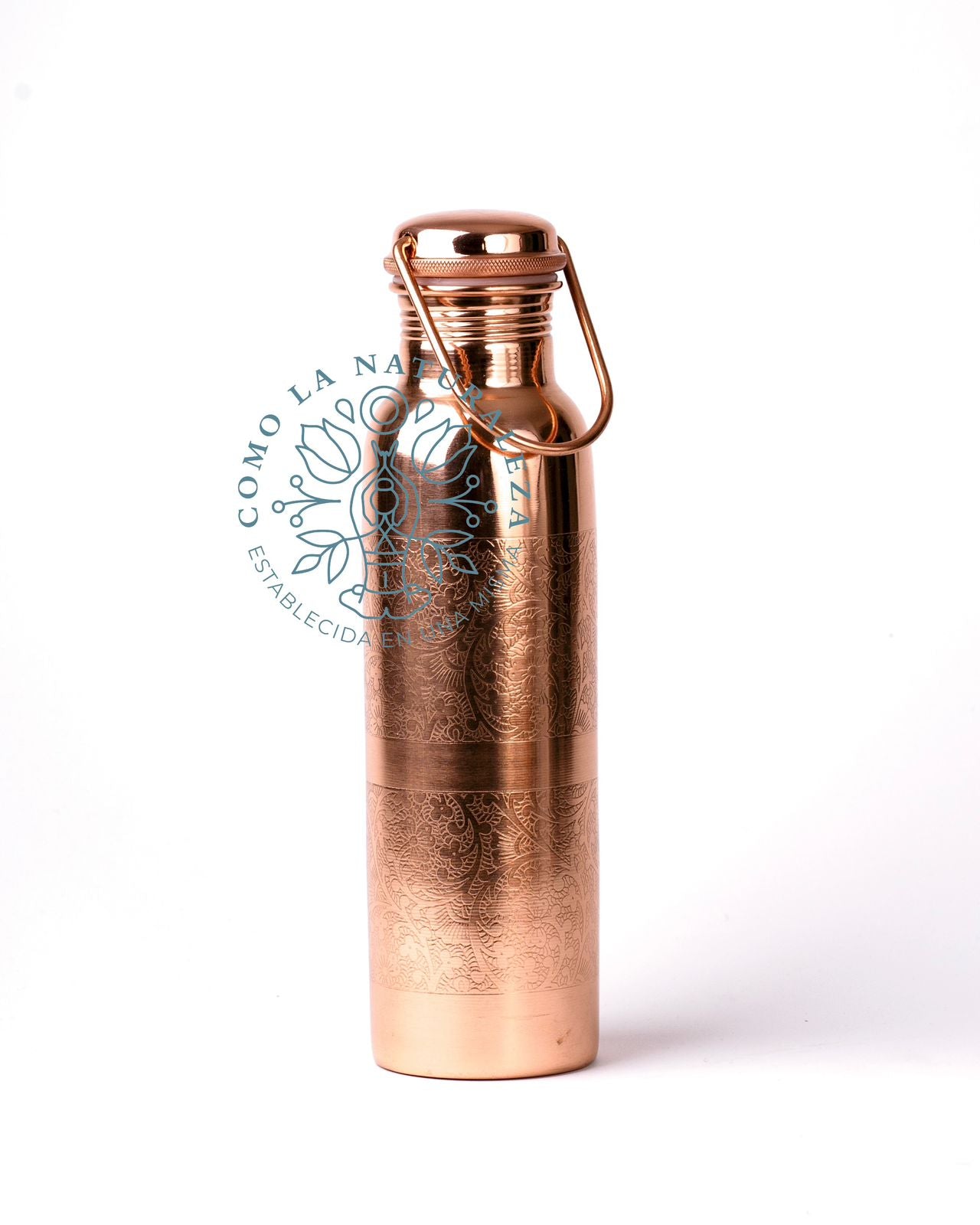 Botella de 1 LITRO CON ASA Modelo “Grabada” acabado brillante 100% COBRE