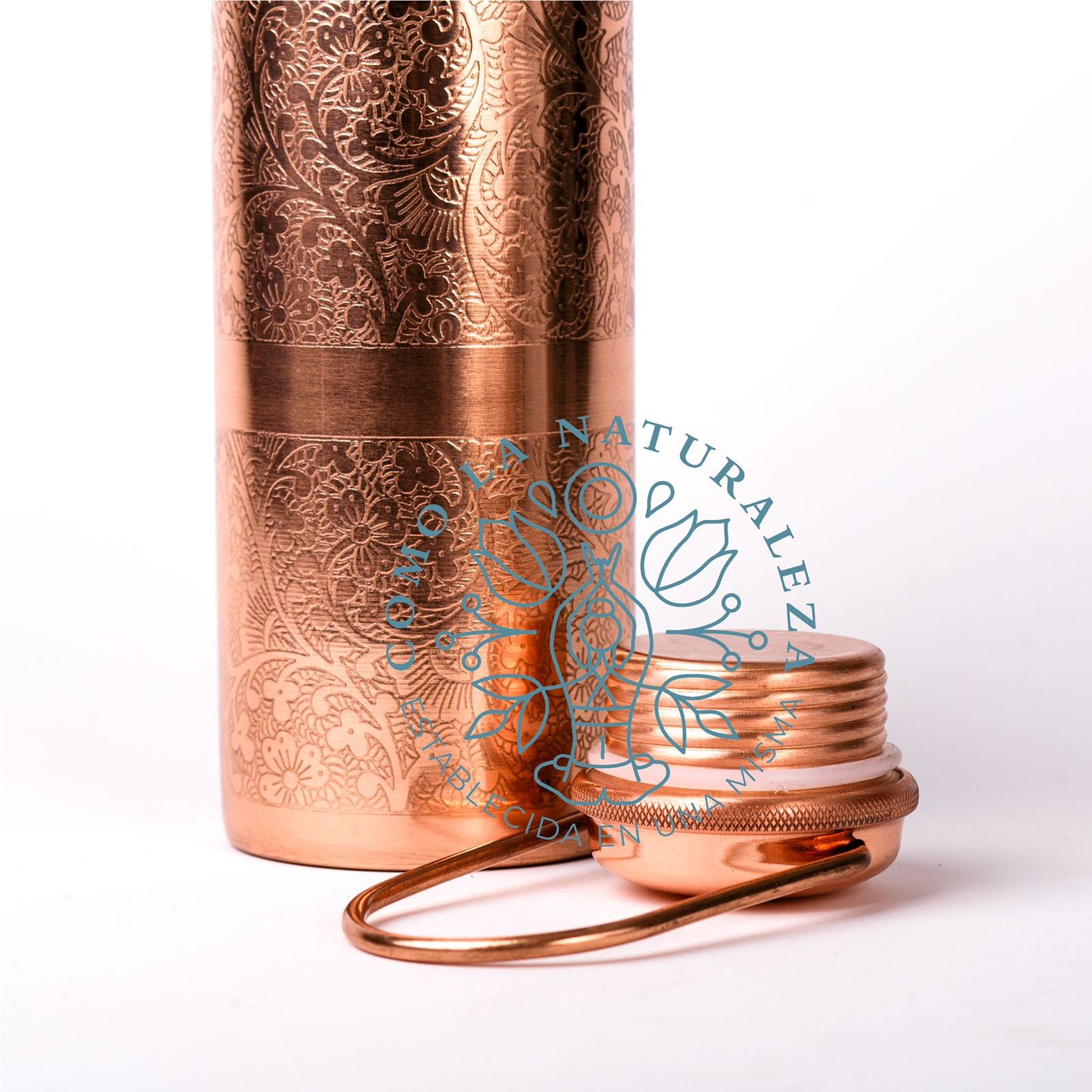 Botella de 1 LITRO CON ASA Modelo “Grabada” acabado brillante 100% COBRE