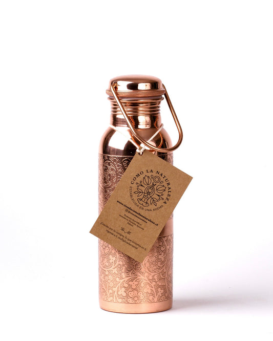 Botella de 600 ml. CON ASA Modelo “Grabada” acabado brillante 100% COBRE