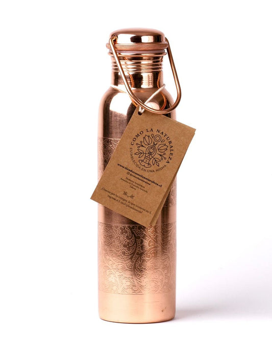 Botella de 1 LITRO CON ASA Modelo “Grabada” acabado brillante 100% COBRE